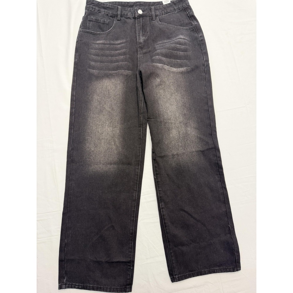 Manfinity Jeans Mens Black Charcoal Wash Relaxed Straight‎ Distressed Fits 34x30